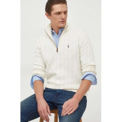 Vlněný svetr Polo Ralph Lauren pánský, béžová barva, lehký, s pologolfem