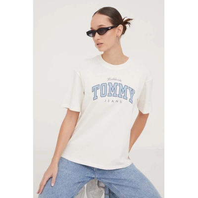 Bavlněné tričko Tommy Jeans béžová barva